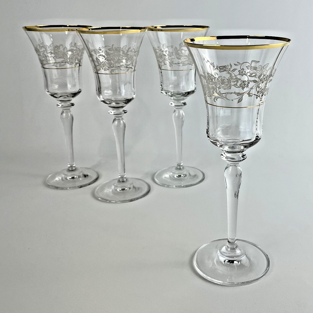 VTG Mikasa Antique Lace Water Goblets White Middle Floral Gold Trim 9" Set of 4